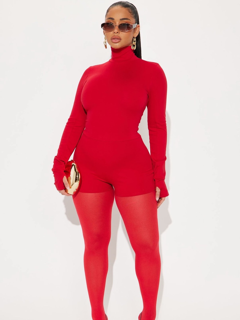 Red Turtleneck Long Sleeve Romper